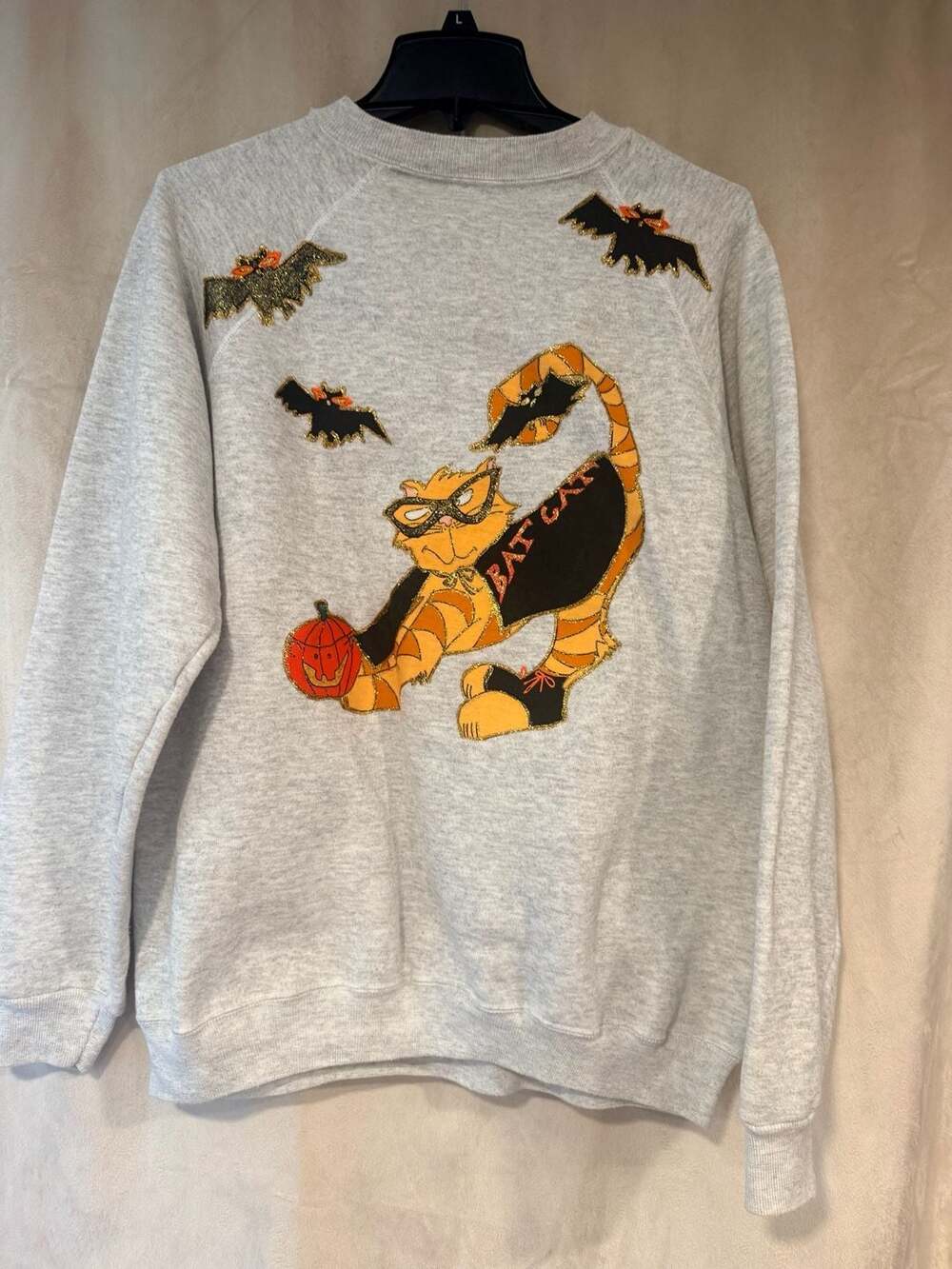 Vintage Grey Hanes Her Way Bat Cat Halloween Sweatshirt L Gray